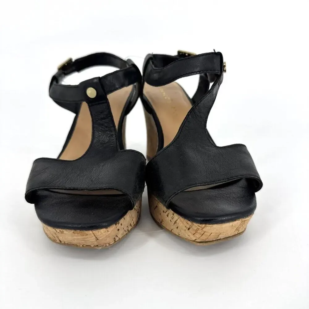 Franco Sarto Corridor Leather‎ T-Strap Cork Wedge Sandals Black Size 7.5